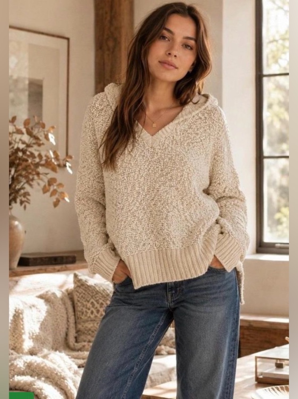 POL Boho Cottage Textured Popcorn Hoodie Chunky Knit Women's Sweater